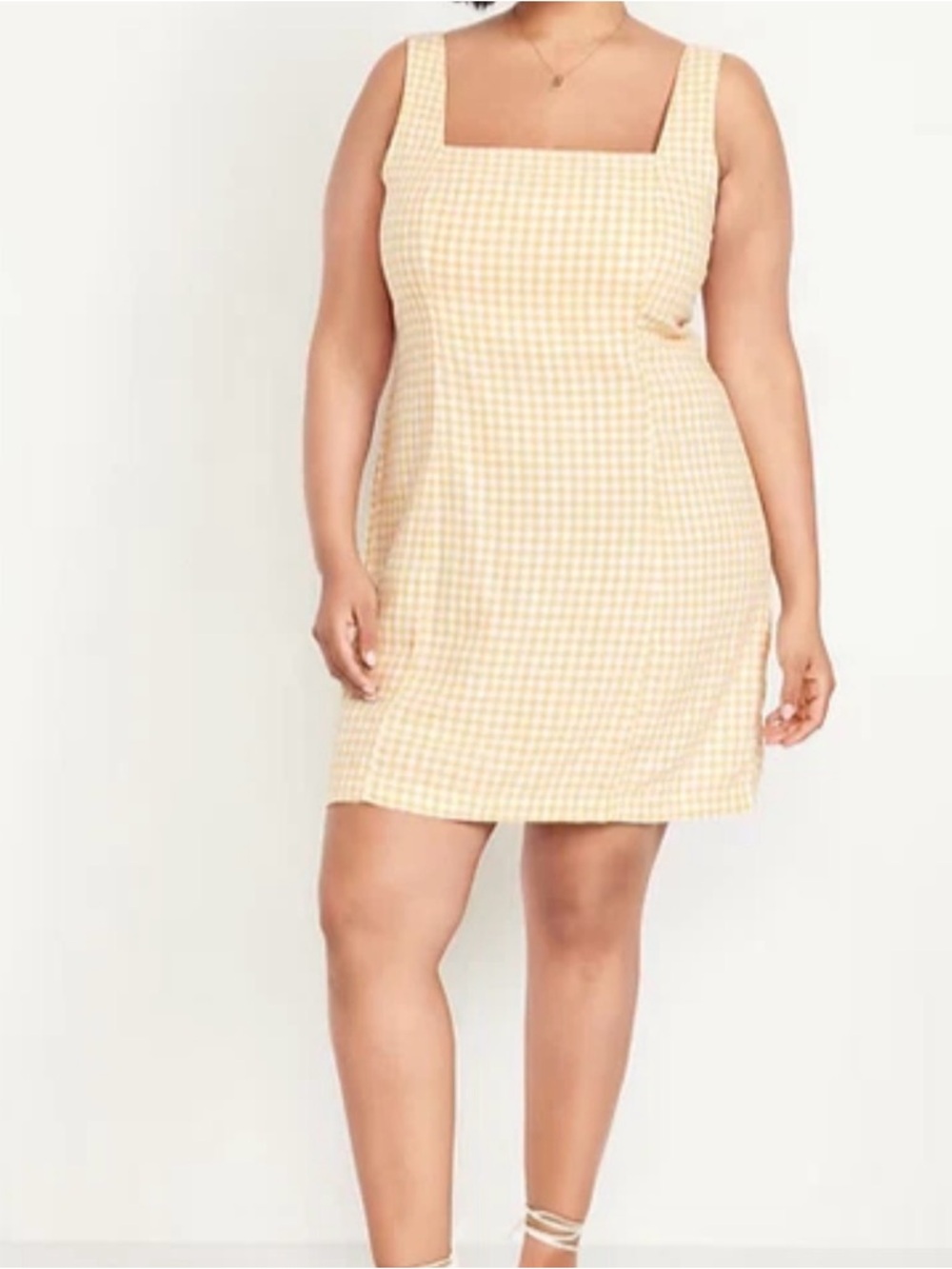 OLD NAVY Women Size XXL Yellow White Mini Dress Gingham Square Neck Linen Blend
